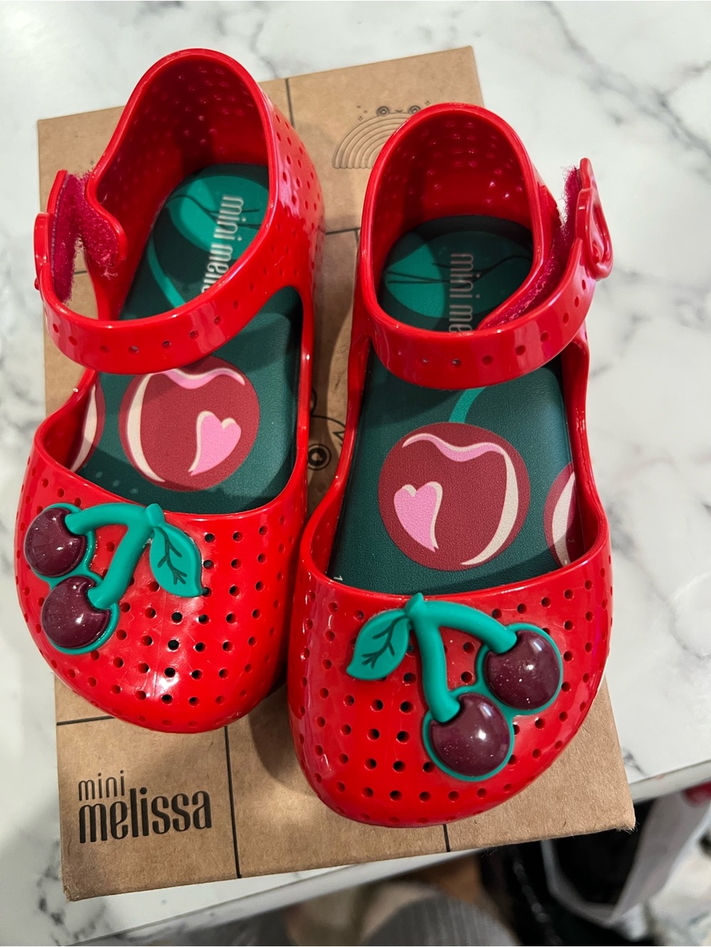 Mini Melissa Red Cherry Jelly Mary Janes with Teal Leaf Accent